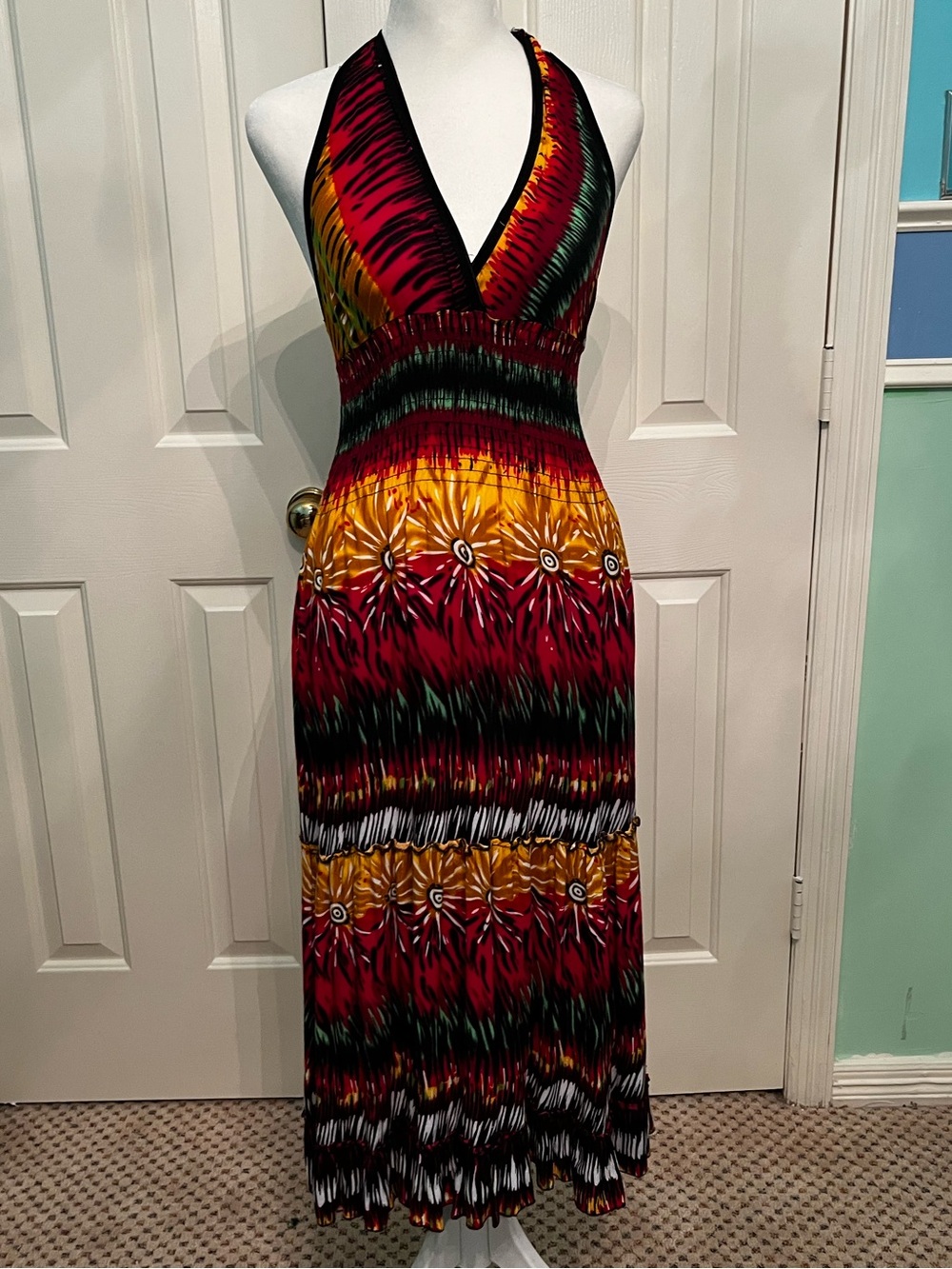 Halter Maxi Dress in Red, Yellow & Green
